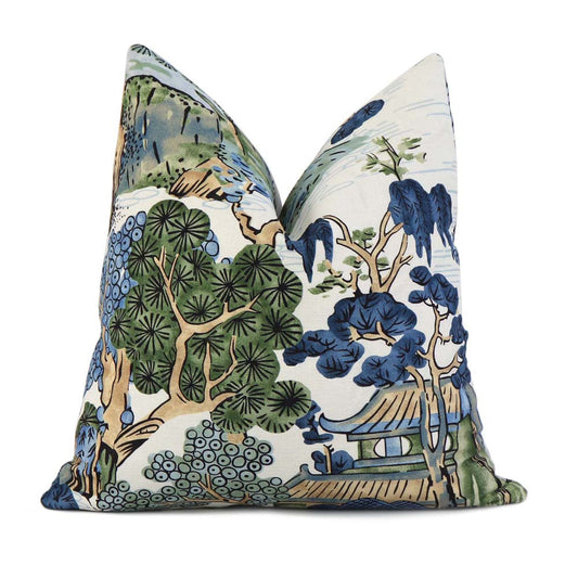 Asian Scenic Blue and Green Pillow Cover
