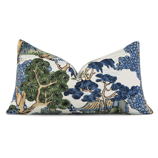Asian Scenic Blue and Green Pillow Cover