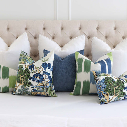 Asian Scenic Blue and Green Pillow Cover